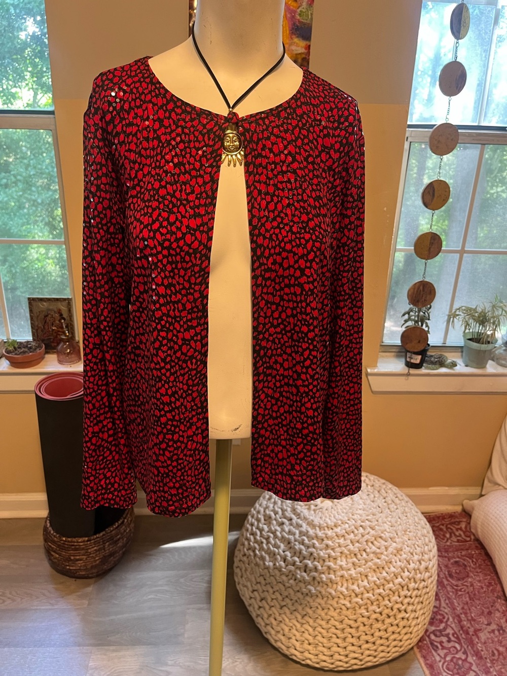 Women’s Red Black Patterned cardigan Open-Front Jacket Classy Glam look
